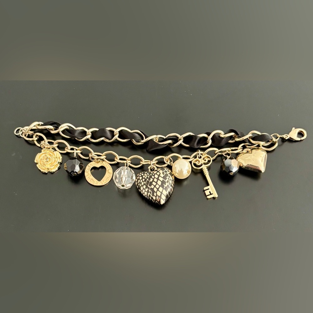 Betsey Johnson Black and Gold Heart / Key Charm Bracelet